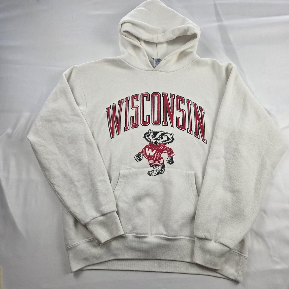 Vintage Wisconsin Badgers Hoodie Sweatshirt Mens Large White NCAA Football Soffe